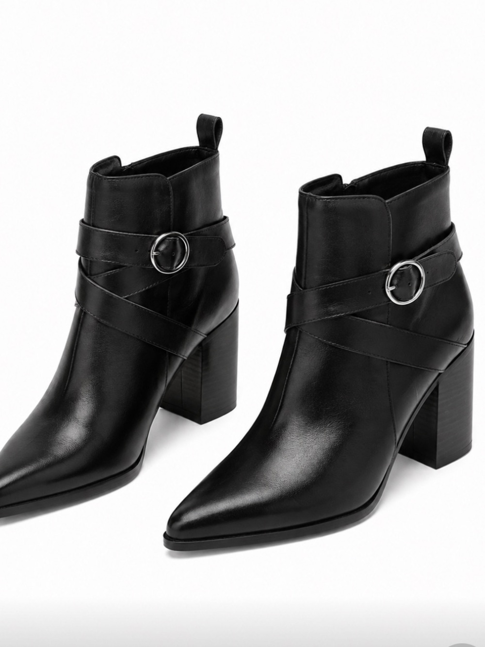 Saks Fifth Avenue Black Leather buckle Ankle block  high heel Booties sz 8